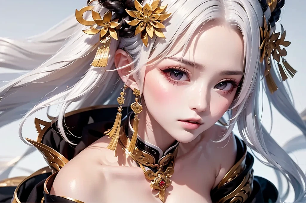 super high quality, masterpiece, Perfect illustration, Very detailed:1.6,　white barance, 1girl, 23 years old, cute girl, white hair, sharp and big beautiful eyes, medium breasts, bright skin. fantasy royalty, onmyoji, majesty, asian dress. black and gold clothes. simple background, white background, white dust. hanbok、Chinese royal clothing, profile
