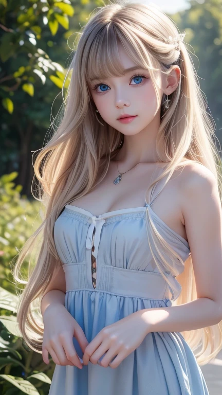 Bright expression、 Photorealism、 top quality、超A high resolution、picture、Photo of a very beautiful girl of Scandinavian origin、Extraordinary, very white, beautiful girl in the world 、 cute and beautiful face details 、( Pueros Face _v1:0.008)、美しいbangs、 Alice in Wonderland、first time々16 year old with an innocent young face 、Radiant, fair, glowing skin、Facial hair、顔まで伸びるbangs、目の間のbangs、 super long hair 、Glamorous bright natural platinum blonde super long straight silky hair、Thin Hair、 charming, beautiful, bright, very bright, light blue eyes、 white apron、 Blue Dress 、 eyeliner 、 double eyelids 、Ample Bust、 long hair, bangs, Blonde, 目の間のbangs, とても long hair,  hair to hide one eye,  shiny hair, Straight Hair, Hair in the eyes, Super long hair, Too much hair,  unknotted hair, 