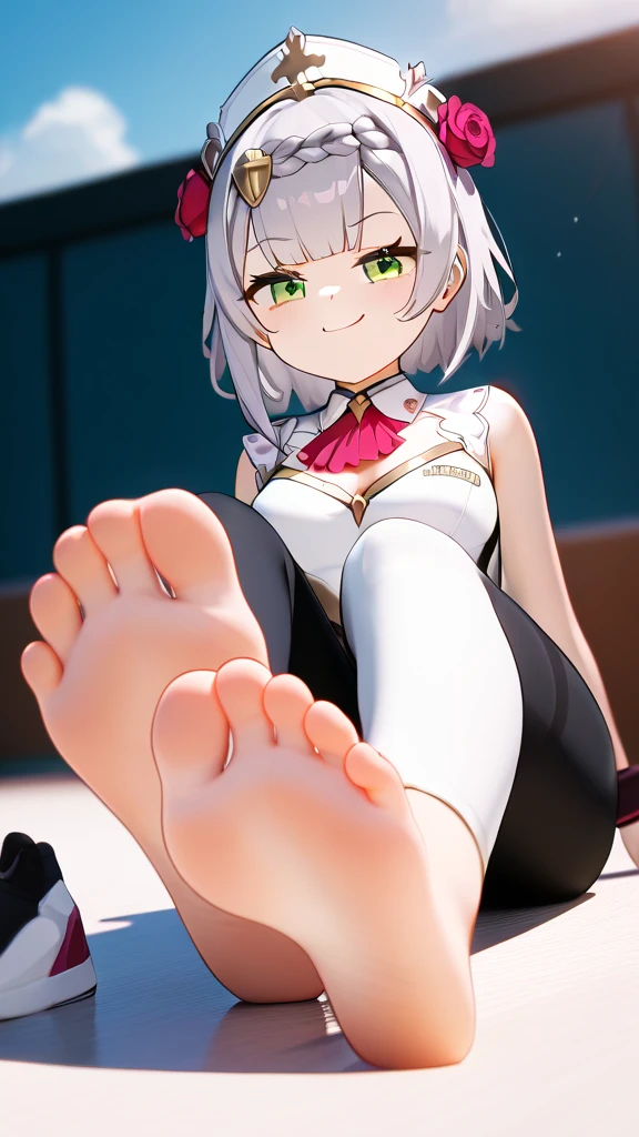 score_9,score_8_up,score_7_up,score_6_up,score_5_up, Sport outfit, after sport,  Solitary, completely smooth soles, Foot Focus, hypno feet, hypnotic feet, the girl tries to tease viewer with soles of feet against his will, 3D Rendered Anime style, the girl shows soles of feet, foot focus, sole, shoe taken off, dynamic, acting casual but smug, smug teasing dynamic pose, smug face, very smug, young soles, five toes, sport shoe taken off,  1girl, solo, feet in my face, dominating, the girl could ruin my life by controling me with her feet, cute girl, smooth soles, no wrinkles, swimming hall in background, sporty, hypnotic soles, smug face, manipulative girl, soles close-up, detailed skin, the girl is sitting on a wall, pale soles, the girl is noelle, nldf, green eyes, grey hair, short hair, braid, blunt bangs, hair ornament, hair flower, red rose, pink ascot, breasts, cleavage, long black leggings, bare feet