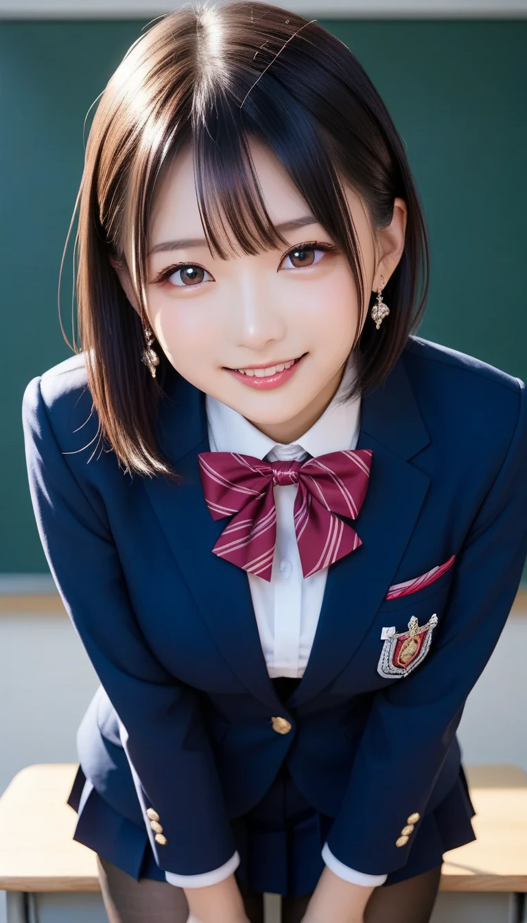 スコア_9, スコア_8_アップ, スコア_7_アップ, sアップer detailed, BREAK A breathtakingly beautiful Japanese woman with long, silky black hair, wearing a modern school uniform with a fitted blazer, short skirt, and tights. She has a radiant smile, stunning facial and eye details, and a confident yet graceful demeanor. She is posing in a classroom setting, leaning forward slightly with her hands placed behind her back, emphasizing her elegant posture. Her figure is curvaceous with a focus on her proportions, and the scene captures her in a dynamic position as she squats or does the splits. The atmosphere includes soft steam or light haze for added depth and realism. Ultra-high-definition, 32K resolution, masterpiece-level detail, Hausmo style.