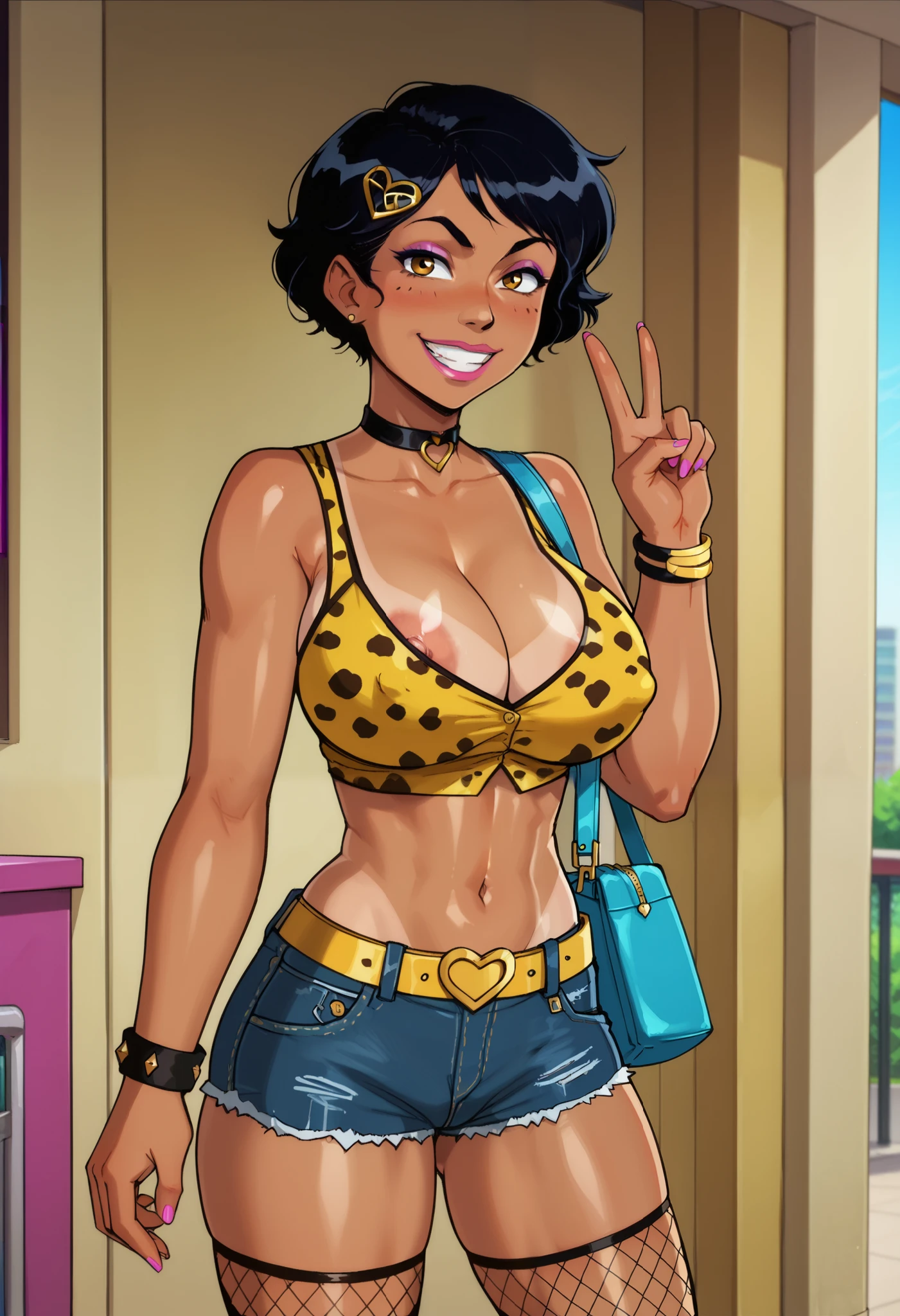 Score_9, score_8_up, score_7_up, , solo, , 1girl, alex ts, black hair, short hair, brown eyes, dark-skinned female,
, , breasts, , smug, hair pin, dark skin, dark-skinned female, makeup, eyeshadow, Gyaru, tanned skin, shiny skin, metallic tan, breasts, condom, solo, nipple slip, condom belt, shorts, denim shorts, exposed pocket, huge breasts, thighhighs, fishnets, curvy, alternate breast size, smile, denim, fishnet thighhighs, looking at viewer, wristband, multiple condoms, used condom, micro shorts, navel, skimpy, choker, curly hair, cleavage, , thick thighs, bag, short shorts, , cutoffs, thighs, v, blush, black wristband, handbag, standing, grin, exposed nipples, bare shoulders, w, hand up, , exposed midriff, skimpy outfit, cheetah print top, nipples