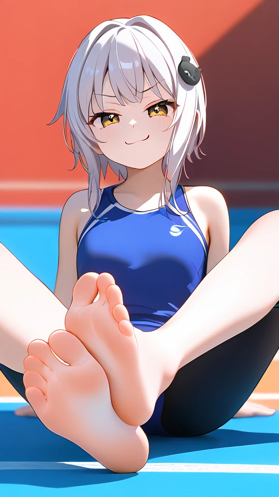 score_9,score_8_up,score_7_up,score_6_up,score_5_up, Sport outfit, after sport,  Solitary, completely smooth soles, Foot Focus, hypno feet, hypnotic feet, the girl teases the viewer with soles of feet against his will, 3D Rendered Anime style, the girl shows soles of feet, foot focus, sole, shoe taken off, dynamic, smug teasing dynamic pose, smug face, very smug, young soles, five toes, sport shoe taken off, very detailed, dynamic image, 1girl, solo, feet in my face, dominating, the girl could ruin my life by controlling me with her feet, cute girl, smooth soles, no wrinkles, swimming hall in background, sporty, hypnotic soles, smug face, manipulative girl, soles close-up, the girl is sitting on a wall, pale soles, the girl is koneko Tojou, ctiank0nek0,, long black leggings, bare feet