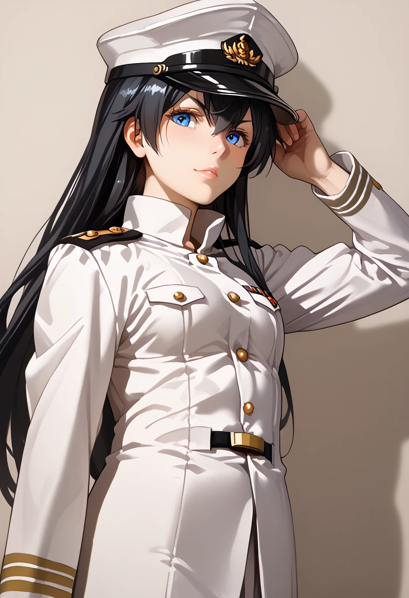 aoi_kunieda, black hair, long hair, blue eyes kancolle admiral cosplay, admiral (kancolle) (cosplay), naval uniform, cosplay, military uniform, military, peaked cap,