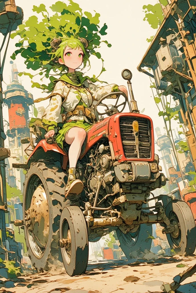 watercolor painting, A daikon lady in steampunk costume is riding a steampunk Tractor\(Lamborghini MACH VRT\), smirk, steampunk background