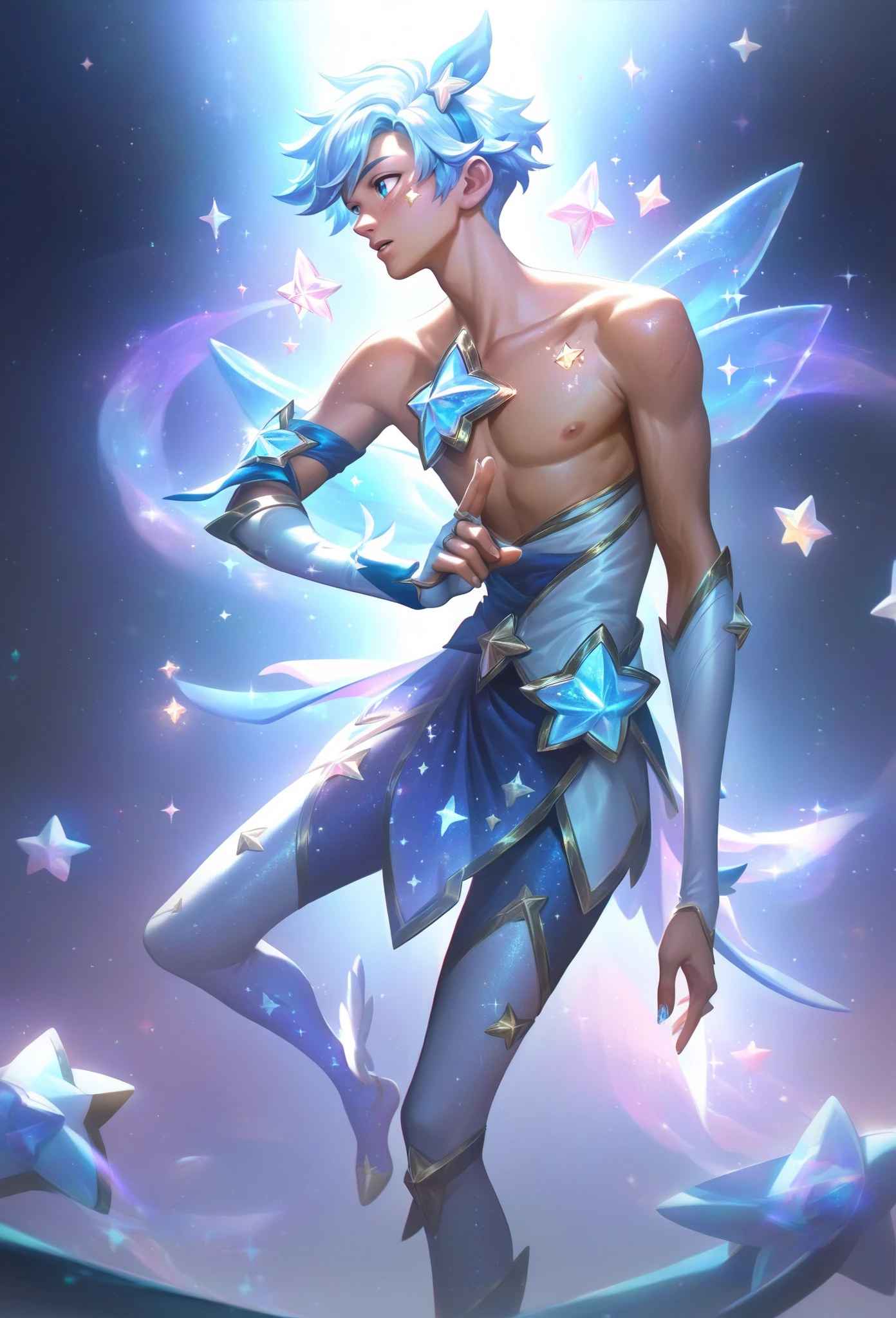 l0lspl4sh, source_anime, score_9, score_8_up, score_7_up, year2024, 1man, West Studio, sixmorevodka, Star guardian, star guardian boy, short boy with short white hair, transformation sequence, blue glitter, blue shine, glitter, stars, sparkles, topless, skinny boy