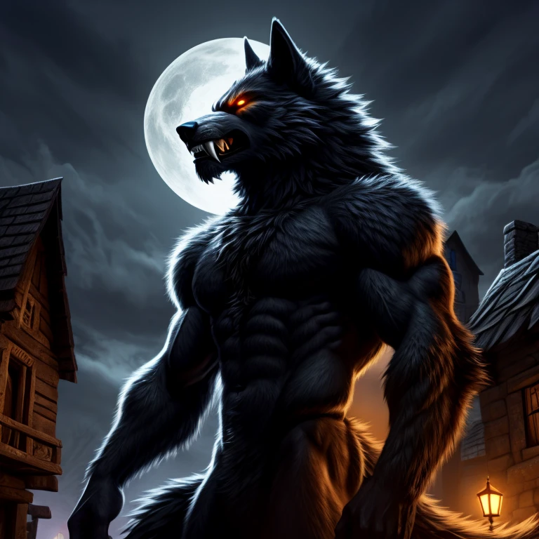 50 meter huge werewolf with a detailed black furred body and amber glowing eyes with, snarling, fangs, wolf tail, slim belly, towering over the houses of a village, night time, portrait with shoulders and chest, semi side angle,