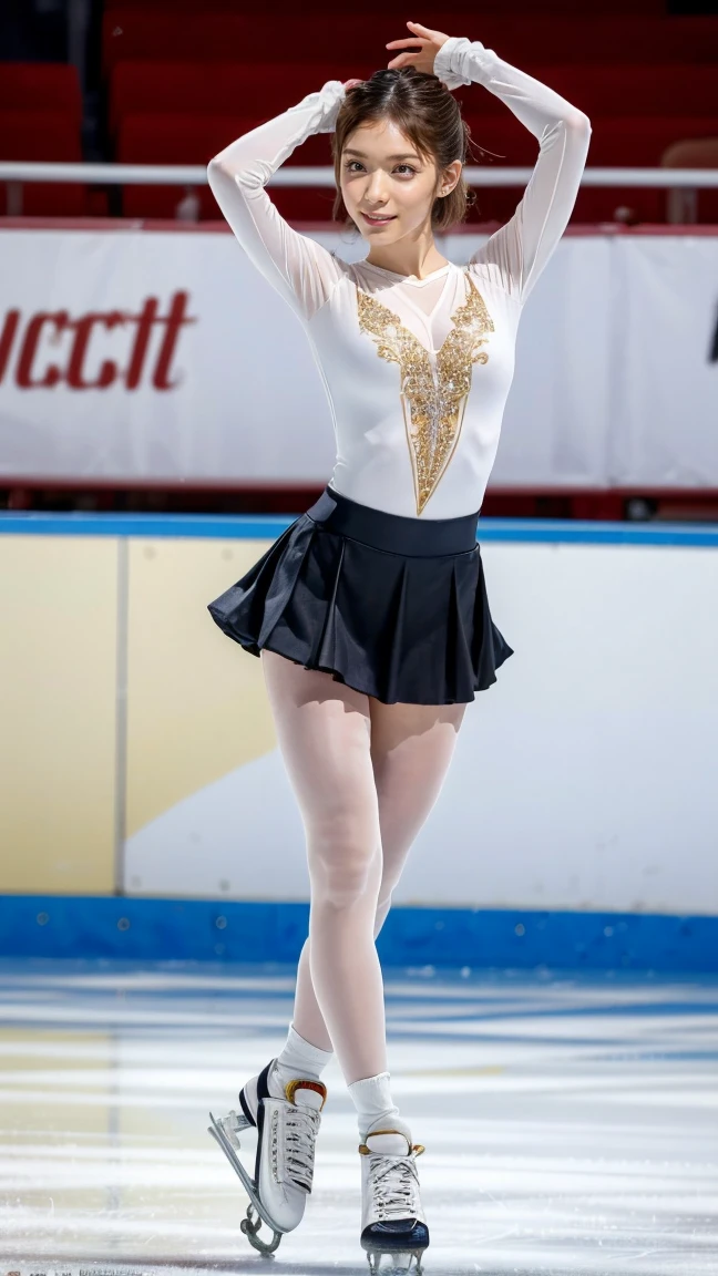 (8k, best quality:1.3), (extremely detailed:1.2), perfect anatomy, beautiful Japanese woman, 18 years old, healthy thighs, beautiful legs, beautiful skin, random hair color, random hairstyle, large breasts, (she is standing:1.2), female figure skater, figure skating outfit, (miniskirt:1.3), full body shot, skate shoes, skating rink