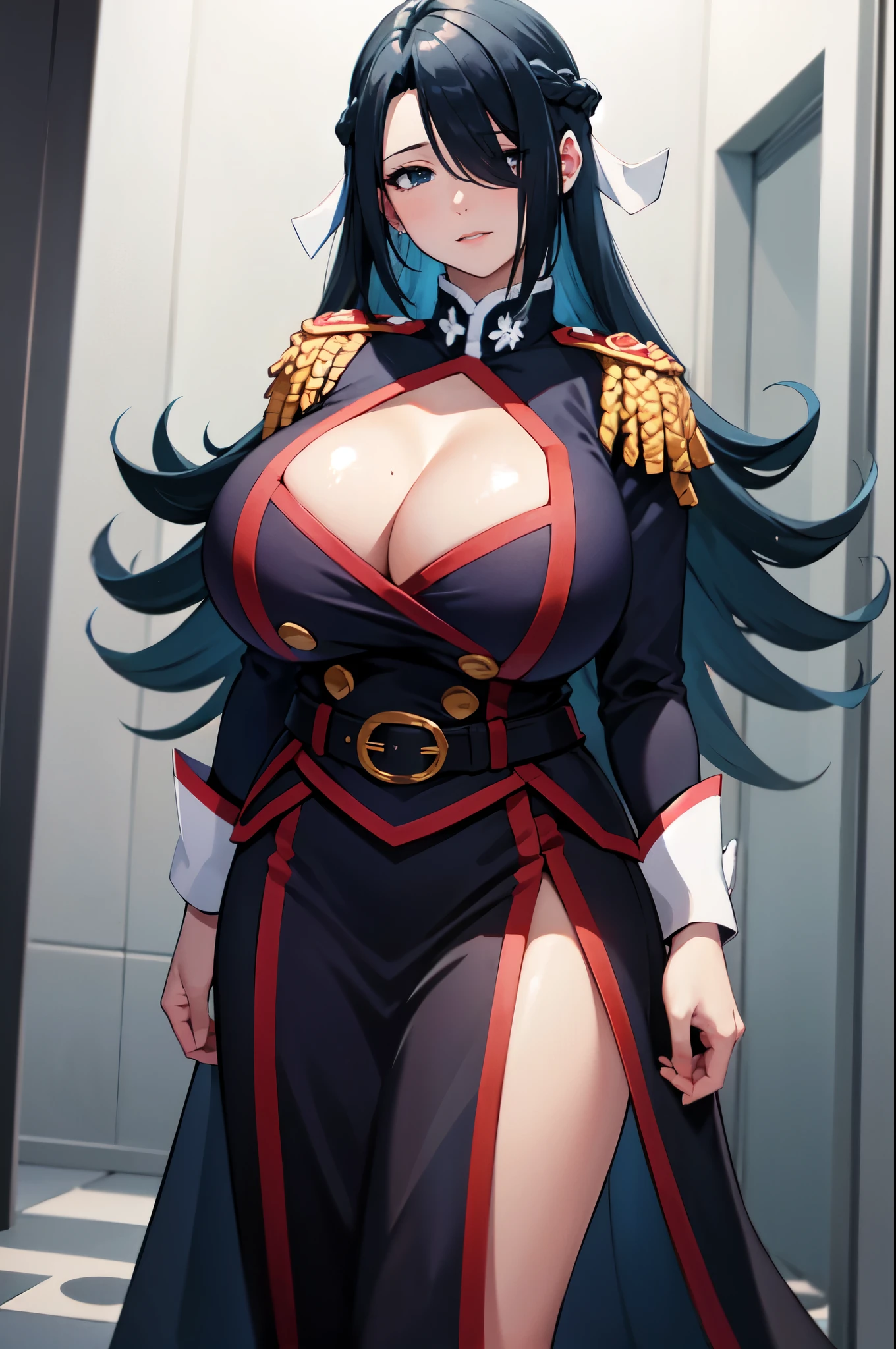 1 women, (((huge  tits))), busty, thick, ((emotionless)), masterpiece, best quality, high resolution, 2D, anime cels, best quality, high resolution, 1girl, azuma fubuki, ((black millitary uniform)), cleavage,  white background, long hair, hair ribbon,  hand on tits, (((upperbody))),