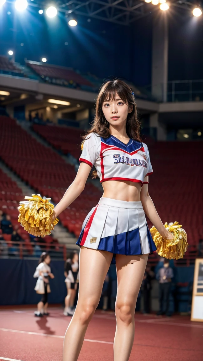 A beautiful young Japanese woman, 20 years old, with perfect anatomy, healthy thighs, beautiful feet, flawless skin, random hair color and style, large bust, (she is standing:1.2), wearing a cheerleader uniform with micro-pleated miniskirt, in a full body shot, standing in a stadium, (best quality,4k,8k, highres, masterpiece:1.3), (extremely detailed:1.2)