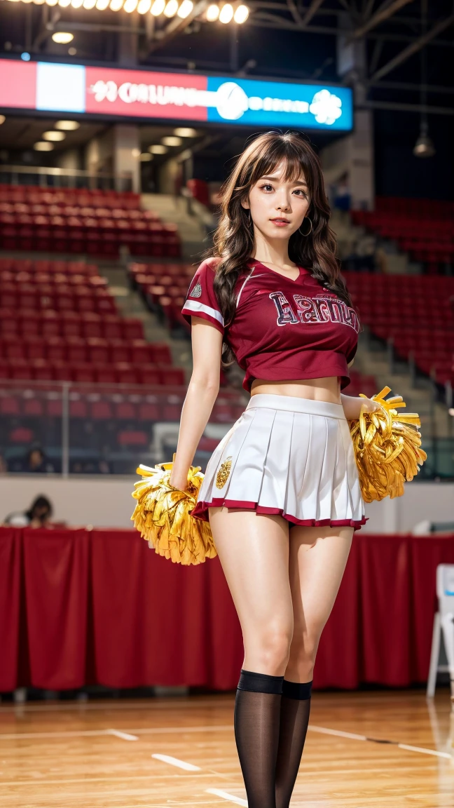 A beautiful young Japanese woman, 20 years old, with perfect anatomy, healthy thighs, beautiful feet, flawless skin, random hair color and style, large bust, (she is standing:1.2), wearing a cheerleader uniform with micro-pleated miniskirt, in a full body shot, standing in a stadium, (best quality,4k,8k, highres, masterpiece:1.3), (extremely detailed:1.2)