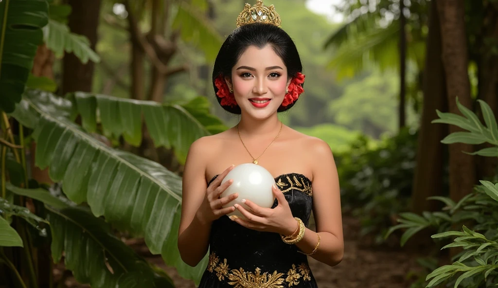 ((realistic photo)) A 25-year-old beautiful Indonesian woman with fair, flawless skin and a warm, friendly smile. She stands gracefully in the heart of a dense jungle, holding a large white pearl with both hands, presenting it as a precious gift. She wears a traditional all-black Javanese outfit, adorned with elegant golden details, including a serpent-shaped golden crown resting on her head. The soft morning light gently illuminates her serene expression and the smooth texture of the pearl. The lush jungle background is filled with green foliage, adding to the mystic atmosphere of the scene. Camera angle: medium shot, slightly angled to capture both her full figure and the delicate pearl. Lighting: soft natural morning light with gentle shadows, highlighting her skin and intricate attire. Rendered in (((8K resolution))), (((highly detailed textures))), HDR, lifelike composition with natural contrasts.