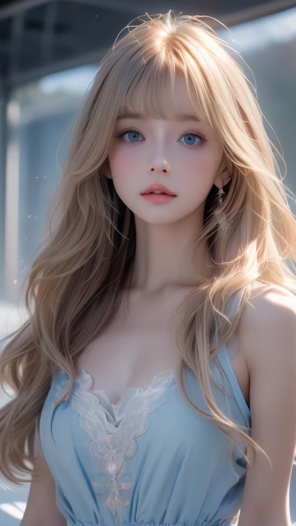 Bright expression、 Photorealism、 top quality、超A high resolution、picture、Photo of a very beautiful girl of Scandinavian origin、Extraordinary, very white, beautiful girl in the world 、 cute and beautiful face details 、( Pueros Face _v1:0.008)、美しいbangs、 Alice in Wonderland、first time々16 year old with an innocent young face 、Radiant, fair, glowing skin、Facial hair、顔まで伸びるbangs、目の間のbangs、 super long hair 、Glamorous bright natural platinum blonde super long straight silky hair、Thin Hair、 charming, beautiful, bright, very bright, light blue eyes、 white apron、 Blue Dress 、 eyeliner 、 double eyelids 、Ample Bust、 long hair, bangs, Blonde, 目の間のbangs, とても long hair,  hair to hide one eye,  shiny hair, Straight Hair, Hair in the eyes, Super long hair, Too much hair,  unknotted hair, 