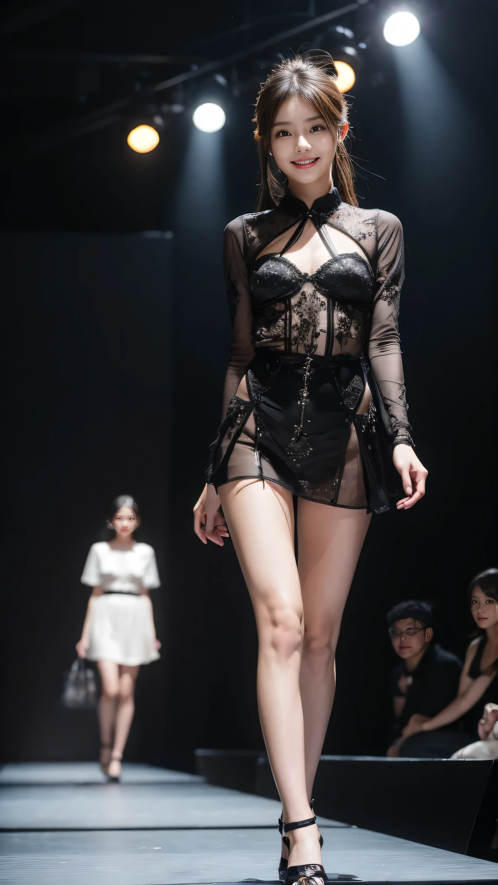 Amazingly large eyes、Smiling face、Large Bust、Slender and fair-skinned、Long hair Japanese woman、20-year-old、Sheer, full-body fishnet tights、Bright photo images、Walking towards me down the runway at a fashion show。