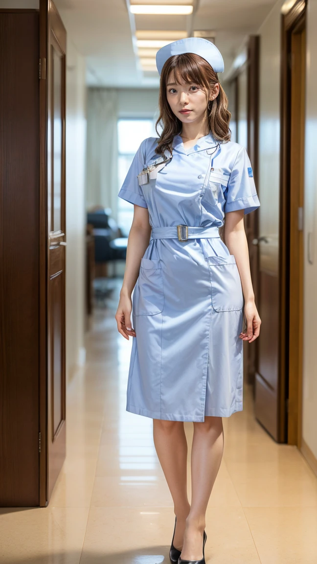 a beautiful young 24-year-old Japanese woman, beautiful, detailed anatomy, beautiful skin, random hair color and hairstyle, big breasts, nurse hat, (nurse uniform:1.3), nurse cap, (she is standing:1.2), full body shot, high heels, hospital, (best quality,8k, masterpiece:1.3), (extremely detailed:1.2)