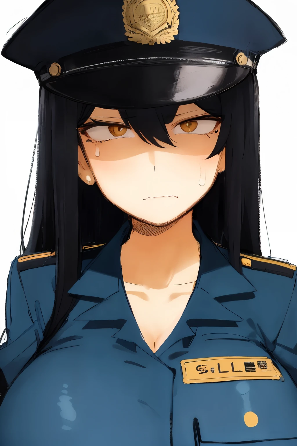 girl, milf, solo, (gal), skin shiny oil, (adult uniform), masterpiece*portrait, (emotionless face), textured skin, super detail, high details, high quality, best quality, highres, 8k, sfw,huge breasts,saggy breast,(long eyelashes),police hat