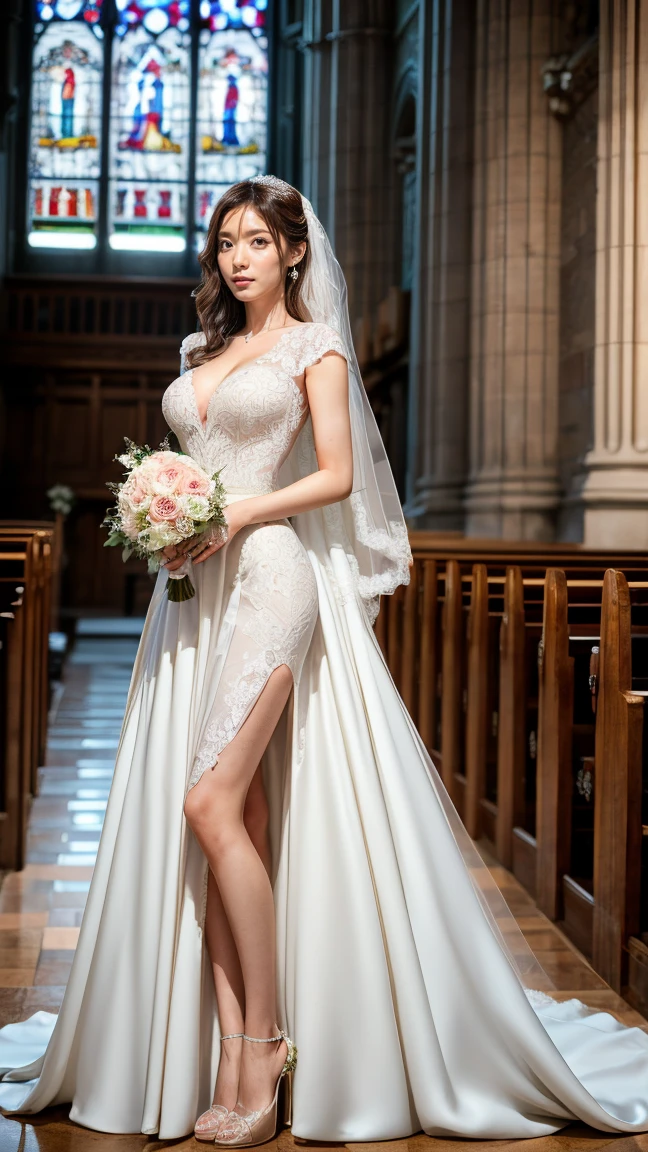 A beautiful young Japanese woman, 26 years old, with healthy thighs, beautiful legs, flawless skin, random hair color and style, large breasts, wearing a (wedding dress:1.3), (she is standing:1.2), full body shot, high heels, holding a bouquet in her hands, in a church setting, (best quality,8k, masterpiece:1.3), (extremely detailed:1.2), perfect anatomy