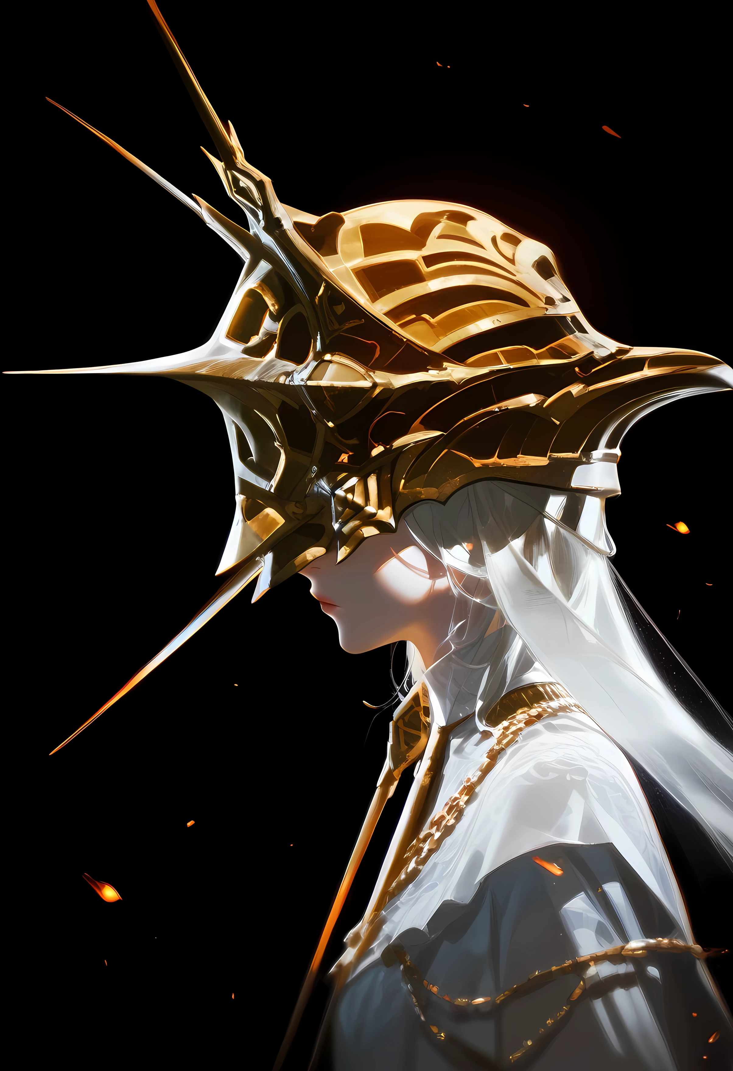 ((gwyndolin)), gwyndolin clothing, eyes covered by the mask, view of the face from the side, straight hair, shades, dark background, perfect ears, long hair, very very small spark of fire,