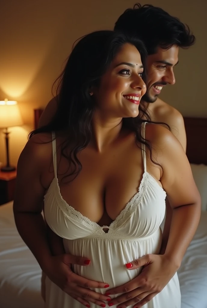 A50 years old indian woman,big breasts ,big ash,sexy figure,detailed body,glowing skin,bun hair style, sleeping on bed, wearing purple color v neck silk nighty,putting a man's big 8 inch dick in her pussy,screaming from pain,felling very pleasure,POV doggy style,ultra realistic, 8k