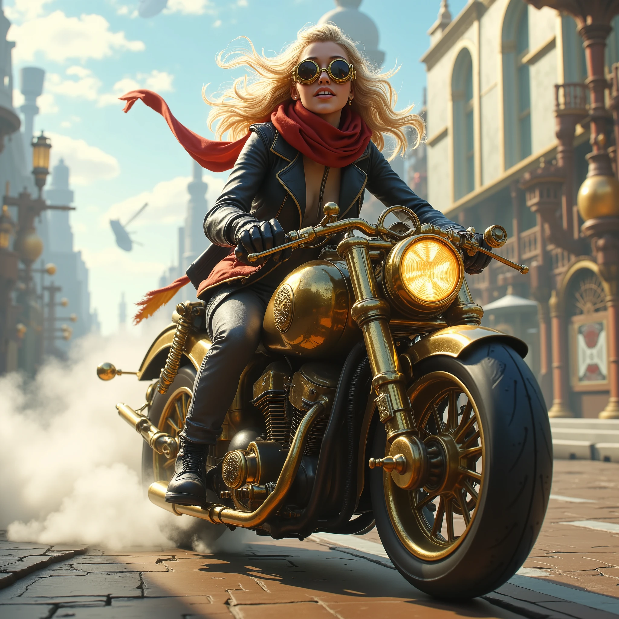 ((maximum quality , photorealism ,16 render ,UHD,HDR color,sci-fi),steampunk стиль)  close-up of a girl with blond hair blowing in the wind ,в очках в стиле steampunk( with the advantage of mechanical goggles ), rides a steam bike ( a motorcycle powered by a steam engine , steam exhaust on the sides ), incredible steam motorcycle , exquisite body made of polished brass and steel ,механизмы в стиле steampunk, girl in a developing red scarf around her neck ,leather jacket (steampunk куртка)  gray pants and black leather boots ,  rides fast on on a steam motorcycle ,  on in the background of an incredible fantastic city with teele stepunk ( combining mechanisms , steam and steam engine power from Victorian England ),  steam airships ,  steam carriages without horses , In the distance, an 18th century steam locomotive drags ,(steampunk),yotorealism , steam motorcycle , ruby emits thick clouds of steam ,