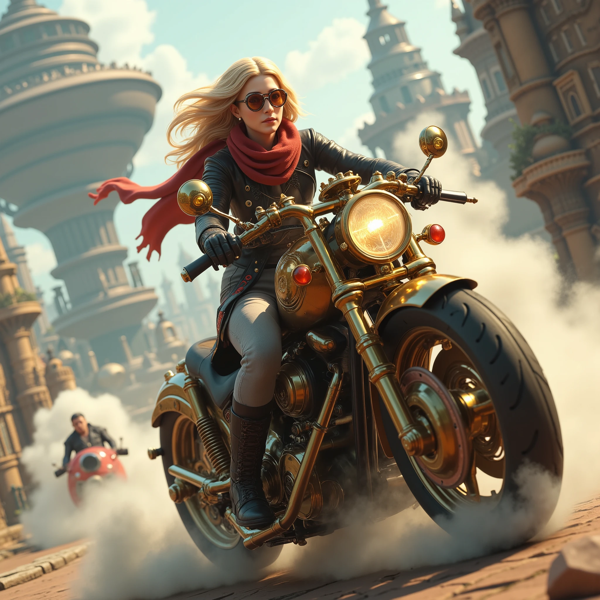 ((maximum quality , photorealism ,16 render ,UHD,HDR color,sci-fi),steampunk стиль)  close-up of a girl with blond hair blowing in the wind ,в очках в стиле steampunk( with the advantage of mechanical goggles ), rides a steam bike ( a motorcycle powered by a steam engine , steam exhaust on the sides ), incredible steam motorcycle , exquisite body made of polished brass and steel ,механизмы в стиле steampunk, girl in a developing red scarf around her neck ,leather jacket (steampunk куртка)  gray pants and black leather boots ,  rides fast on on a steam motorcycle ,  on in the background of an incredible fantastic city with teele stepunk ( combining mechanisms , steam and steam engine power from Victorian England ),  steam airships ,  steam carriages without horses , In the distance, an 18th century steam locomotive drags ,(steampunk),yotorealism , steam motorcycle , ruby emits thick clouds of steam ,