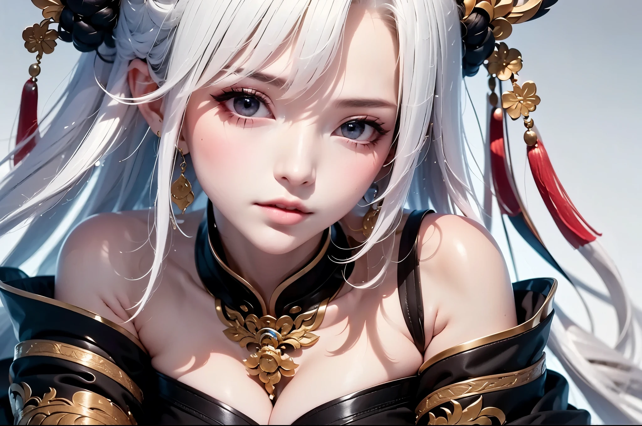 super high quality, masterpiece, Perfect illustration, Very detailed:1.6,　white barance, 1girl, 23 years old, cute girl, white hair, sharp and big beautiful eyes, medium breasts, bright skin. fantasy royalty, onmyoji, majesty, asian dress. black and gold clothes. simple background, white background, white dust. hanbok、Chinese royal clothing, profile
