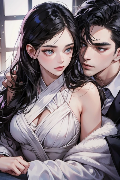 (Tabletop, Digital Art, Digital Illustration, 4K, 8K, Very detailed, Beautiful images, Clear images, Realistic, RAW Photos, Perfect Face, Perfect Lines, Perfect Eyes, Soft lighting) 1 female, (Long black hair,Straight hair,Bullish view,Beautiful woman,Man in suit,Apply makeup thoroughly,Girl,:1.3),secretary, Two handsome men in suits, (human,Man in suit,Muscular,Strong shoulder width, human,Boyish hairstyle,English gentleman;style,A man in his 30s with a cool expression,A 28-year-old man with a bright smile:1.2),Red sports car、drive、ride in a car、Couple,(1 boy, a boy is grabbing girl’s breasts from behind:1.3),Pink Rose