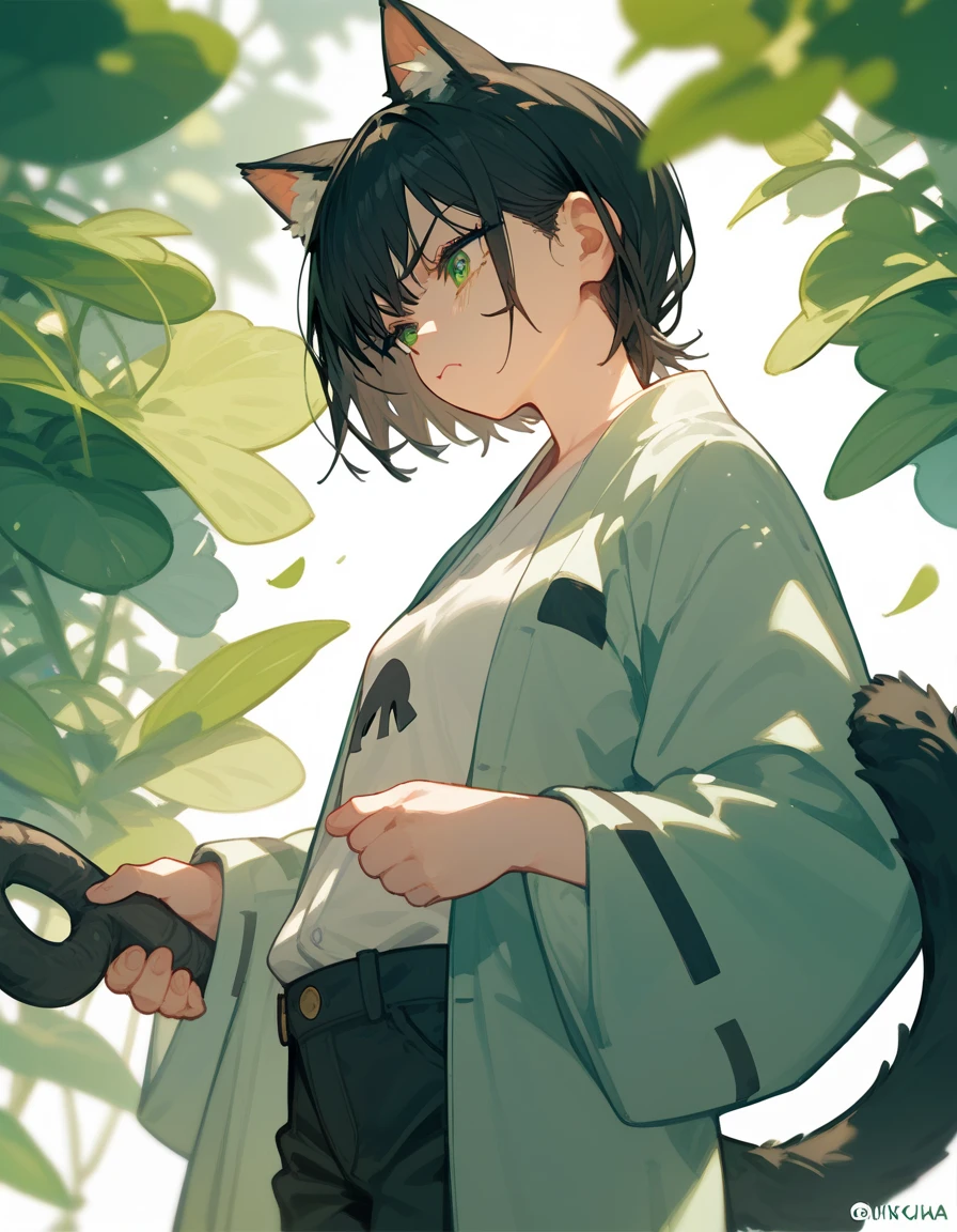 1Girl ,Black hair,Short hair,Cat ears, in green eyes , small breasts, Black Yukata Dress , Trousers,With black tail ,cute, in green eyes , chainsaw art,Thin,Tall, high profile,funny,milf,Tsundere