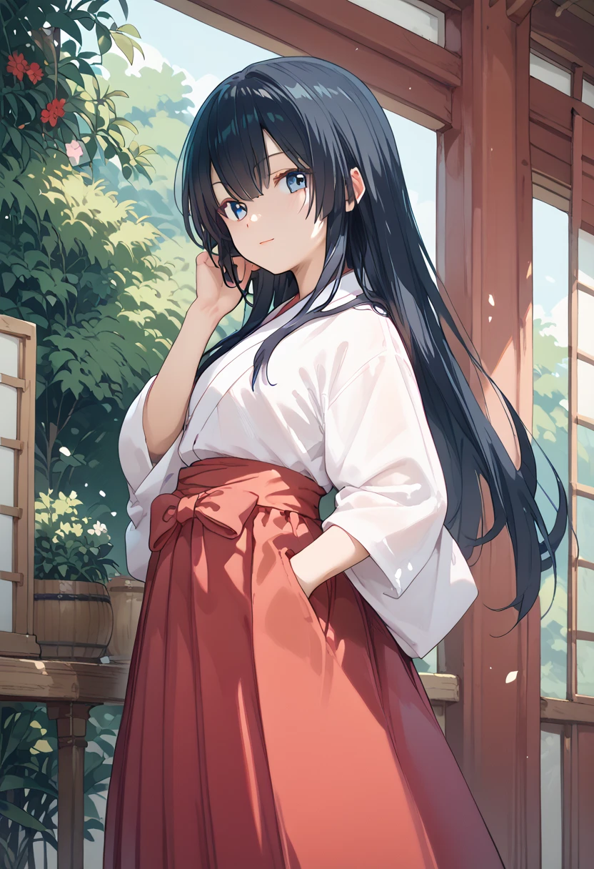 aoi_kunieda, black hair, long hair, blue eyes miko, red hakama