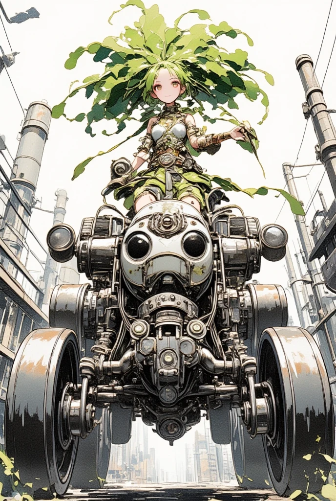 watercolor painting, A daikon lady in steampunk costume is riding a steampunk Tractor\(Lamborghini MACH VRT\), smirk, steampunk background