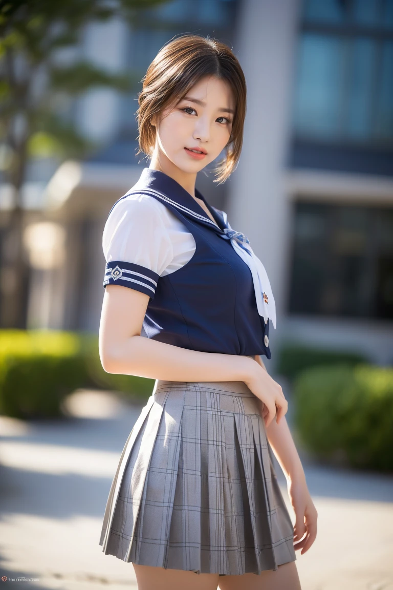 (A stunning Japanese-Korean lady in snowy night, natural pose, wearing a traditional Serafuku, Seifuku, tight white shirt, white blouse button-down, translucent short-sleeve, plaid skirt, pleated skirt, red bow-tie, red ribbon, sailor scarf, youthful charms, smooth complexion, beautiful detailed face, beautiful detailed eyes and lips, long eyelashes, slender figure, perfect body proportion, friendly expression, snaggle-tooth, cute dimples, kind smile, short hair, short layered hair, side ponytail, bob hair, a confident & poised demeanor, Looking at viewer, 

Blurred background, Bokeh effect, ultra-detailed,
(best quality, 4k, 8k, high-resolution), 
(masterpiece:1.28), award-winning,
(realistic, photorealistic, photo-realistic:1.37),
HDR, UHD, studio lighting, ultra-fine painting,
sharp focus, physically-based rendering, extreme detail description, professional photography, vivid colors, SFW, Safe for Work, Cowboy Shot, Close-up Shot, High Angle Shot,, from side, from behind,)