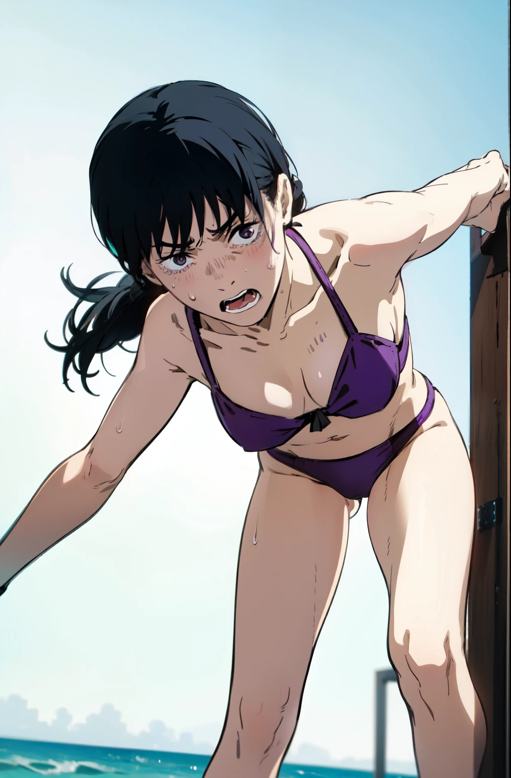 morning dew, long purple hair, sunburned skin, 1 girl, swimsuit, bikini へそ, black hair, bikini, dark eyes, ground view , Staring at the Audience ,Disgruntled Face , Wrinkles between the eyebrows, is angry, sexy pose , open legs,Visible crotch,