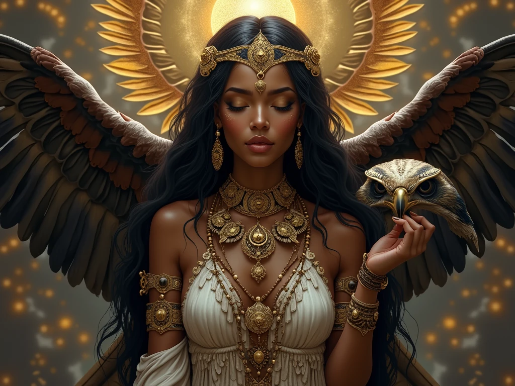 a woman in a gold outfit and a tiger, muscular warrior women, the smooth black lioness, queen, wakanda, epic 3 d oshun, Fundo wakanda, woman strong, skin lightskin black, dark skin female goddess of love, black panther, Warrior Woman, amazon warrior, posing for a fight intricate, trending in cgsociety, horned girl, devil horns, elf ears, cleavage, thigh, short skirt, sexy, wide black wings, golden Egyptian castle, golden egyptian outfit, sitting on golden throne, legs crossed, legs crossed seductively, sexy, looking down at viewer, down up view