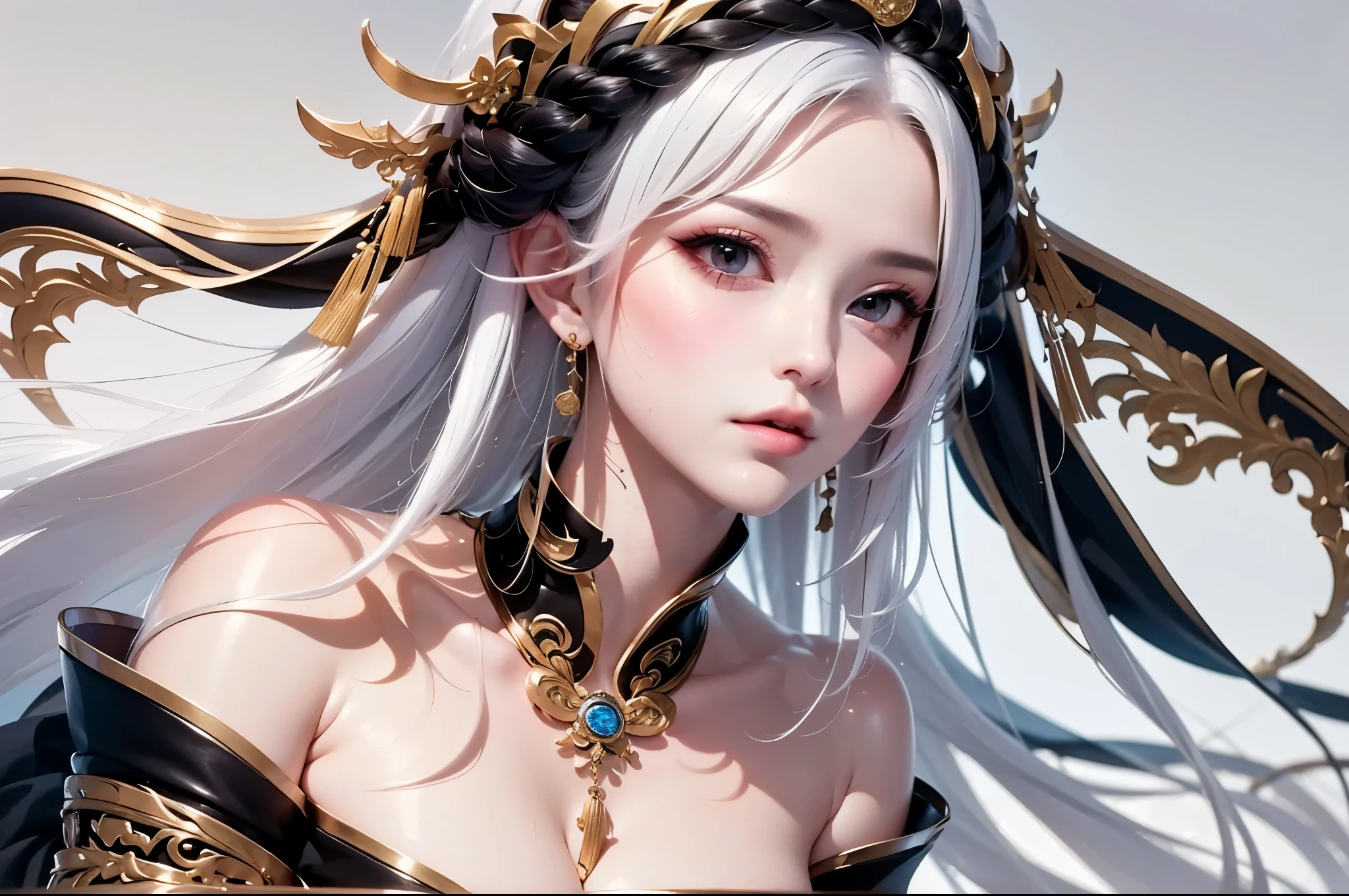 super high quality, masterpiece, Perfect illustration, Very detailed:1.6,　white barance, 1girl, 23 years old, cute girl, white hair, sharp and big beautiful eyes, medium breasts, bright skin. fantasy royalty, onmyoji, majesty, asian dress. black and gold clothes. simple background, white background, white dust. hanbok、Chinese royal clothing, profile
