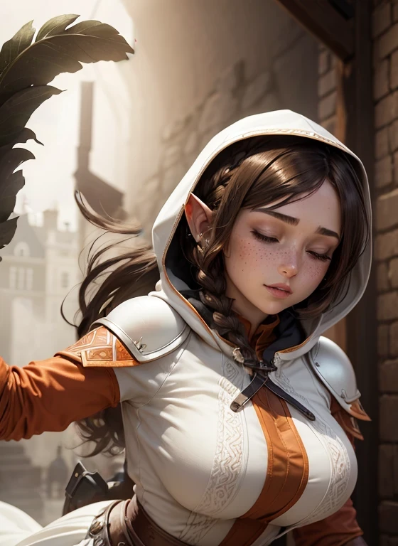 A full-body shot of depraved Princess Zelda, brown hair, blue eyes, dressed as an Assassin from Assassins Creed, in white+gold witha white mask and hood with gold details, XL bust, using a wrist blade. Background: A city during the renaissance period. Unreal Engine 5, Anime, Anime style, Masterpiece, Well drawn eyes, well drawn face, well detailed eyes, well detailed face, 8k, light and shadow effect.
