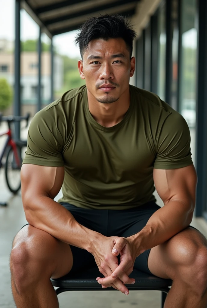 Lu Bu坐在hot spring边对镜头打招呼,Lu Bu,Looking at the camera,Open your mouth,Open your legs,hot spring,Facing the camera,A friendly attitude,Friendly expression,bend over,Open hands,40-year-old Asian man,Build muscle,Huge pectoral muscles,Strong body,Mermaid Line,Grey shorts,(There is a giant oyster mushroom stuffed in the pants),Thick thighs,Farmer's house background,Warm light,Warm atmosphere,outdoor,full-body shot,Top-down camera perspective,Standard human body,The human body that conforms to dissection,Healthy people's limbs,steam,There is a large area of smoke in the picture,Hazy feeling,Fine picture details,Best picture quality,