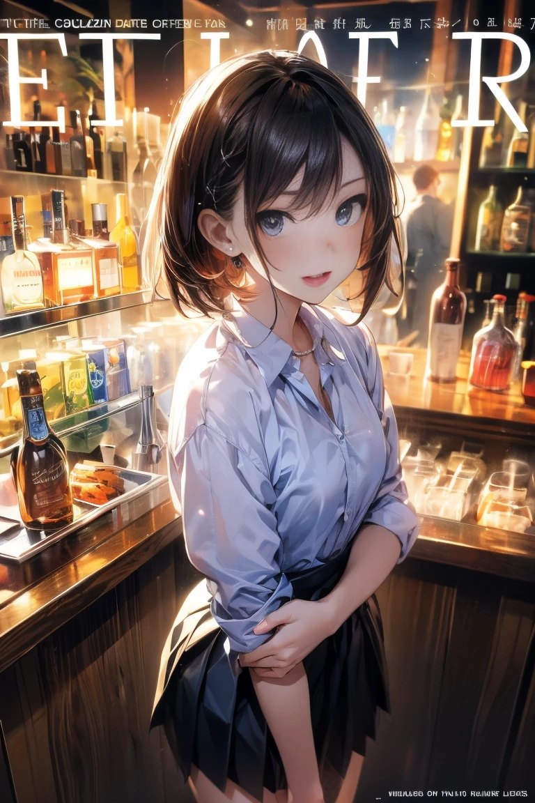 (from above:1.2,Best Quality),a girl , platinum color hair、bartender uniform,Purplish blue eyes that dreamers desire, small stature, medium , Lori face, (masutepiece:1.2, Best Quality), (finely detailed beautiful eye: 1.2), (beautifull detailed face), (perky chest:1.2), (pointed chest:1.1), (bratender magazine cover:1.5)，(Best Illumination, extremely delicate and beautiful), sexy pose,make a coffee , in a bar counter, morning light, Short bob hair（1:3）,Ultra Contrast、Braid a little around the ears, black bartender uniform dress、Sexy and qute pants、You can't see inside your underwear,mocking look、nffsw,Arms crossed、grab the arm、Shoot 、breastuscular pussy、little Pubic hair,high-level image quality、hightquality、8K,perfect hand、5 fingers、finger pin、Perfect Finger,noise cut、Her hair color should have been a brighter blue,(The bartendre skirt dress part is also carefully expressed:1.4)、the skirt is floating in the wind:1.2、Dark purple panties,(with sparkling eyes and a contagious smile),open mouth, highest quality, high resolution,Real World, Natural light,perfect Natural light, Looking at Viewer,