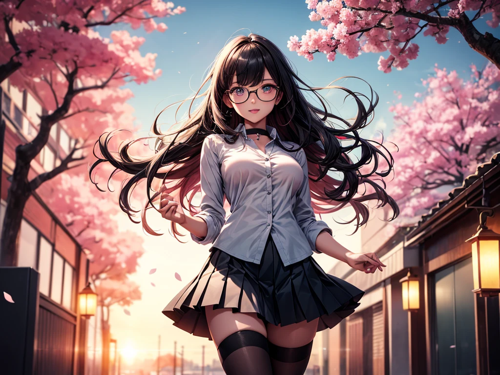 ((best quality)), ((masterpiece)), (detailed), (High contrast natural side daylight, Dynamic lighting, movie lighting), anime style, (((whole body))), Cute Japanese girl, perfect body structure:1.0, attractive body shape, Smooth and fair skin, (((Extra long)))Black slightly wavy hair, Long hair blowing in the wind, ((Super fine hair quality)), ((Shocking hair quality)), ((perfect hair quality)), Long and sexy legs, ((perfect feet quality)), (((Perfect hand quality))), Looks cute, long eye hair, thin eyebrows, big eyes, dark brown pupils, Slightly blush, Smile
((symmetrical clothes, Uniforms, white collar shirt, Black pleated student skirt,dark stockings, Dark student shoes)), Perfect clothing texture, perfect feet, (Beautiful scenery), (Breeze outdoors), Peaceful Japanese city broad streets, spring morning, ((Cherry blossoms)), whole body images, ((Perfect composition)), highlight the subject, (((Eye level photography:1))), (Careful depiction of environmental details:1.5), Depth of field control, ((Turn down color saturation:1.2)), (Japanese style photos:0.3), ((Rimless glasses)), (((Black thigh highs))), ((((garter)))), (((((sweltering chest))))), ((((busty)))), ((well endowed))