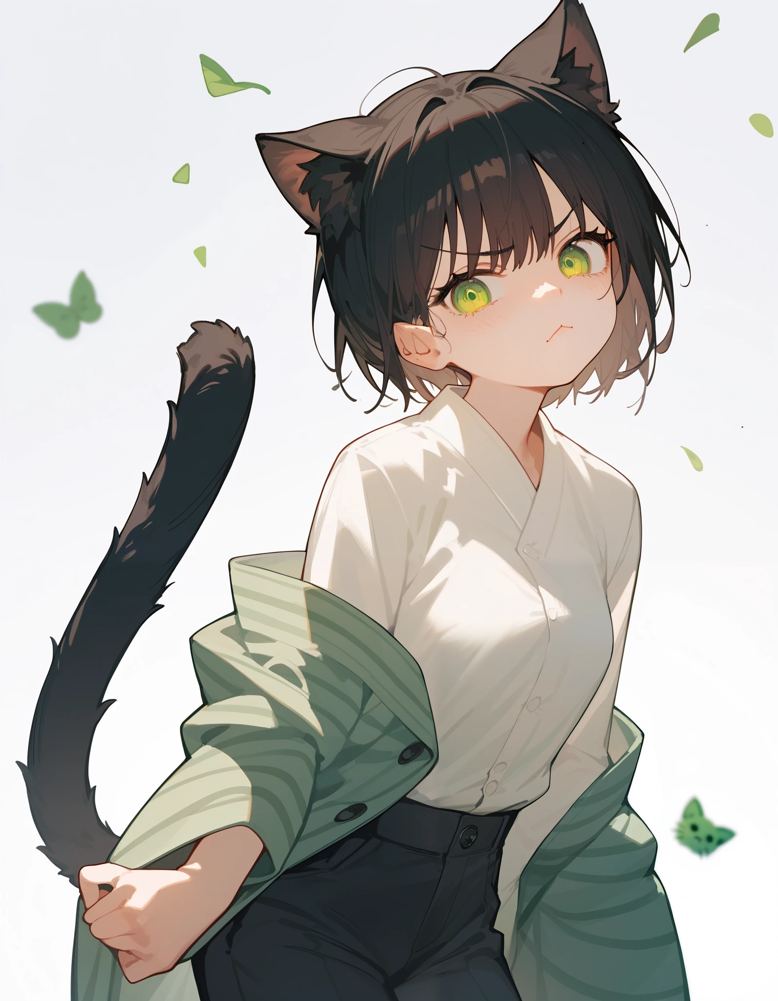 1Girl ,Black hair,Short hair,Cat ears, in green eyes , small breasts, Black Yukata Dress , Trousers,With black tail ,cute, in green eyes , chainsaw art,Thin,Tall, high detail,funny,milf,Tsundere