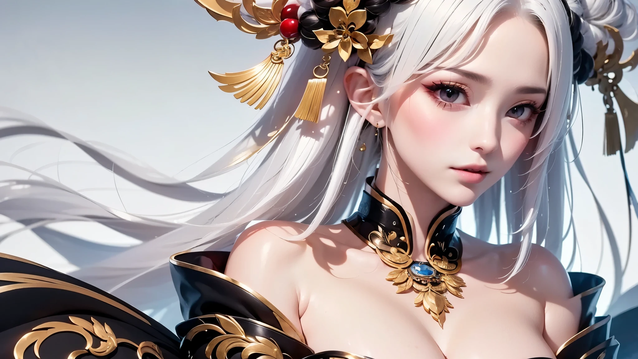 super high quality, masterpiece, Perfect illustration, Very detailed:1.6,　white barance, 1girl, 23 years old, cute girl, white hair, sharp and big beautiful eyes, medium breasts, bright skin. fantasy royalty, onmyoji, majesty, asian dress. black and gold clothes. simple background, white background, white dust. hanbok、Chinese royal clothing, profile
