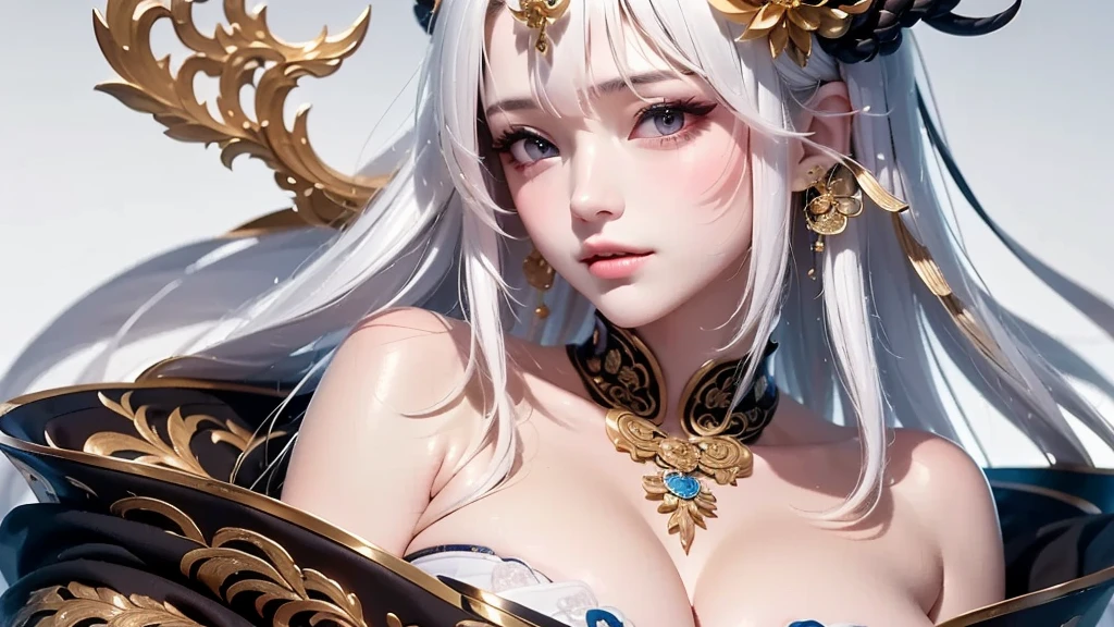 super high quality, masterpiece, Perfect illustration, Very detailed:1.6,　white barance, 1girl, 23 years old, cute girl, white hair, sharp and big beautiful eyes, medium breasts, bright skin. fantasy royalty, onmyoji, majesty, asian dress. black and gold clothes. simple background, white background, white dust. hanbok、Chinese royal clothing, profile
