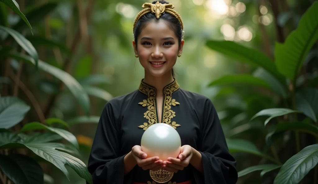 ((realistic photo)) A 25-year-old beautiful Indonesian woman with fair, flawless skin and a warm, friendly smile. She stands gracefully in the heart of a dense jungle, holding a large white pearl with both hands, presenting it as a precious gift. She wears a traditional all-black Javanese outfit, adorned with elegant golden details, including a serpent-shaped golden crown resting on her head. The soft morning light gently illuminates her serene expression and the smooth texture of the pearl. The lush jungle background is filled with green foliage, adding to the mystic atmosphere of the scene. Camera angle: cinematic wide angle, capturing her full figure and the surrounding forest environment. Lighting: soft natural morning light with gentle shadows, highlighting her skin and intricate attire. Rendered in (((8K resolution))), (((highly detailed textures))), HDR, lifelike composition with natural contrasts.