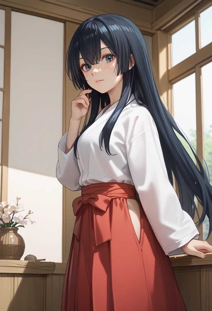 aoi_kunieda, black hair, long hair, blue eyes miko, red hakama