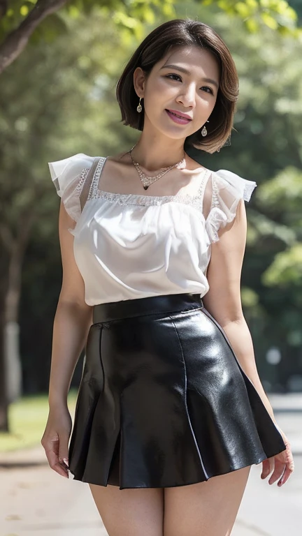 full body shot, from below,  japanese mature, 48 years old,  detailed face , Facial wrinkles, Wrinkles around the eyes, smile,  Detailed Skin Textures ,  white skin,  short bob hair, (curvy body,  plump thighs:1.3), (earrings,  Necklaces ,  white blouse with ruffles:1.2), (pink tulle skirt, flared mini skirt:1.3), ( wearing high heels:1.2), ( standing in the park,  full body shot from toe to head wearing black high heels:1.2), (surrealism, best quality, ultra detailed, absolutely resolution, 8k, anatomically correct), depth of field, looking at viewer, tachi-e, (bimajo ), (JMA), full body,  detailed face , model posing, arms up