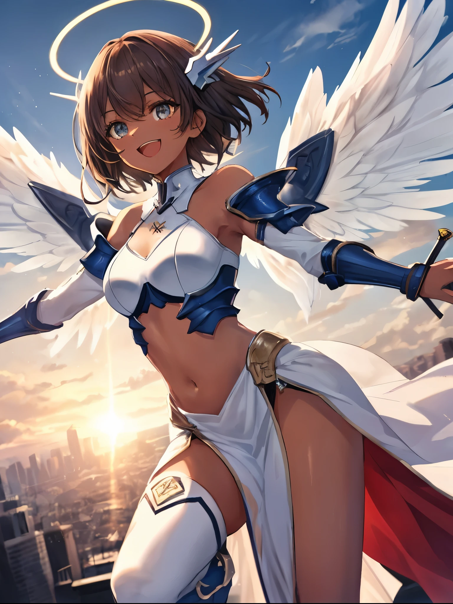 fantasy, 1angel_girl, loli,brown_hair, medium_bob_hair, long_bangs, halo,bare_shoulder, thighhighs,silver_armor, waist_armor, small_breasts,angry,grinning,open_mouth_teeth, 1pair_ wings, dynamic_pose_flying,floating, bare_crotch, headgear,gauntlet, greaves,city_sky_background,slightly_spread_legs, solo, groin
