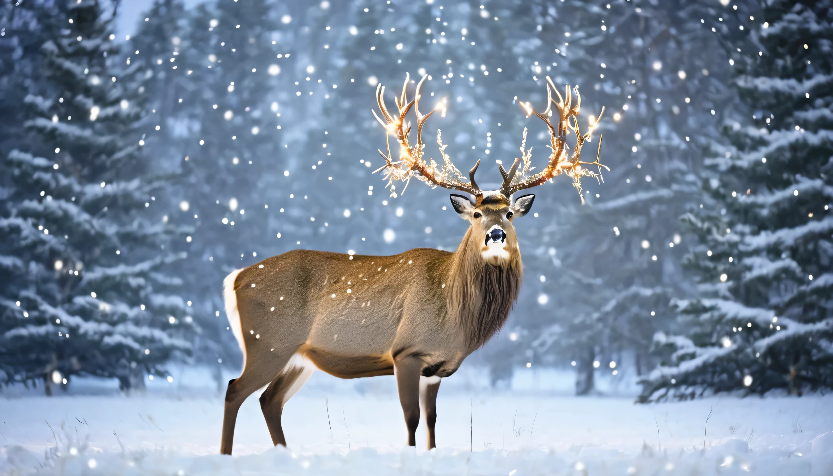 A majestic deer with large antlers standing in a snowy winter landscape, wearing a Christmas hat, behind a Christmas tree with light accessories, with snowflakes falling and warm lights in the background