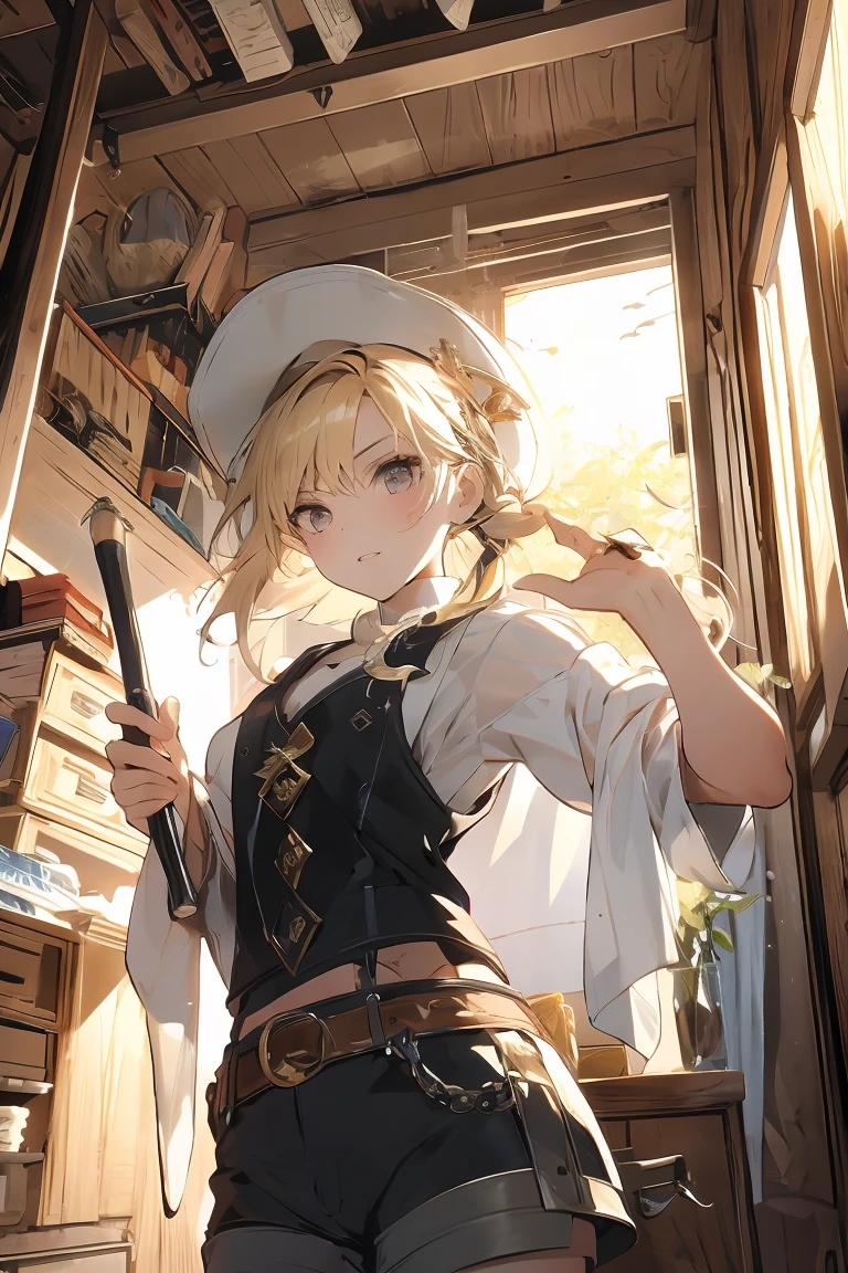 (from below:1.2,Best Quality),a girl , platinum color hair、masterpiece, highest quality, Very detailed, 16k, Ultra-high resolution, Cowboy Shot, One  girl, Detailed face, Perfect Fingers, Golden Eyes, Blonde, Braid, A vest with many pockets, Shorts, Exploring knife, Safari Hat, compass, telescope, map, A cluttered room with lots of small items, Organizing tools