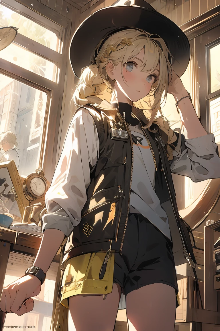 (from below:1.2,Best Quality),a girl , platinum color hair、masterpiece, highest quality, Very detailed, 16k, Ultra-high resolution, Cowboy Shot, One  girl, Detailed face, Perfect Fingers, Golden Eyes, Blonde, Braid, A vest with many pockets, Shorts, Exploring knife, Safari Hat, compass, telescope, map, A cluttered room with lots of small items, Organizing tools