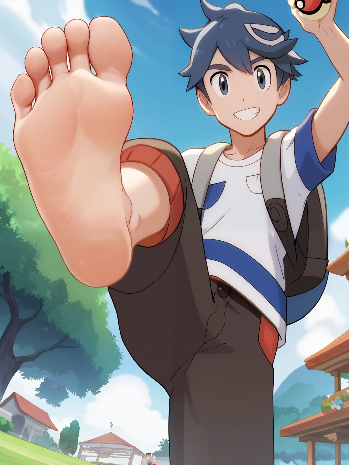 score_9, score_8_up,source_anime,
1boy, Pokemon, Elio, alone, looking at viewer, cowboy shot, anime screencap, anime coloring，barefoot，Perfect feet，Anatomically correct，soles，low angle，Focal length 35mm, Five toes，front，Symmetrical Soles，Foot Focus, in a garden, floating, lifting legs to show his soles, flirty gaze, flirty smile