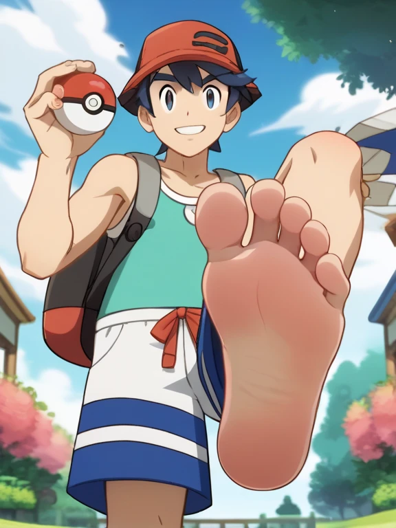 score_9, score_8_up,source_anime,
1boy, Pokemon, Elio, alone, looking at viewer, cowboy shot, anime screencap, anime coloring，barefoot，Perfect feet，Anatomically correct，soles，low angle，Focal length 35mm, Five toes，front，Symmetrical Soles，Foot Focus, in a garden, floating, lifting legs to show his soles, flirty gaze, flirty smile, cyan tank top, white shorts, red hat