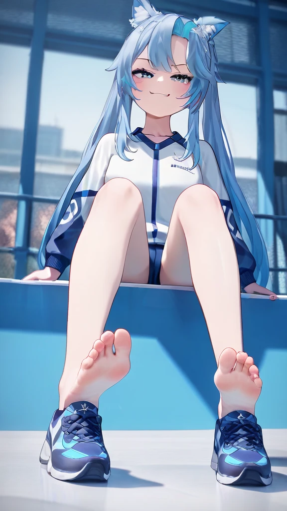 score_9,score_8_up,score_7_up,score_6_up,score_5_up, Sport outfit, after sport,  Solitary, completely smooth soles, Foot Focus, hypno feet, hypnotic feet, the girl tries to tease viewer with soles of feet against his will, 3D Rendered Anime style, the girl shows soles of feet, foot focus, sole, shoe taken off, dynamic, acting casual but smug, smug teasing dynamic pose, smug face, very smug, young soles, five toes, sport shoe taken off,  1girl, solo, feet in my face, dominating, the girl could ruin my life by controling me with her feet, cute girl, smooth soles, no wrinkles, swimming hall in background, sporty, hypnotic soles, smug face, manipulative girl, soles close-up, detailed skin, the girl is sitting on a wall, pale soles, the girl is alana,  smalana, 1girl